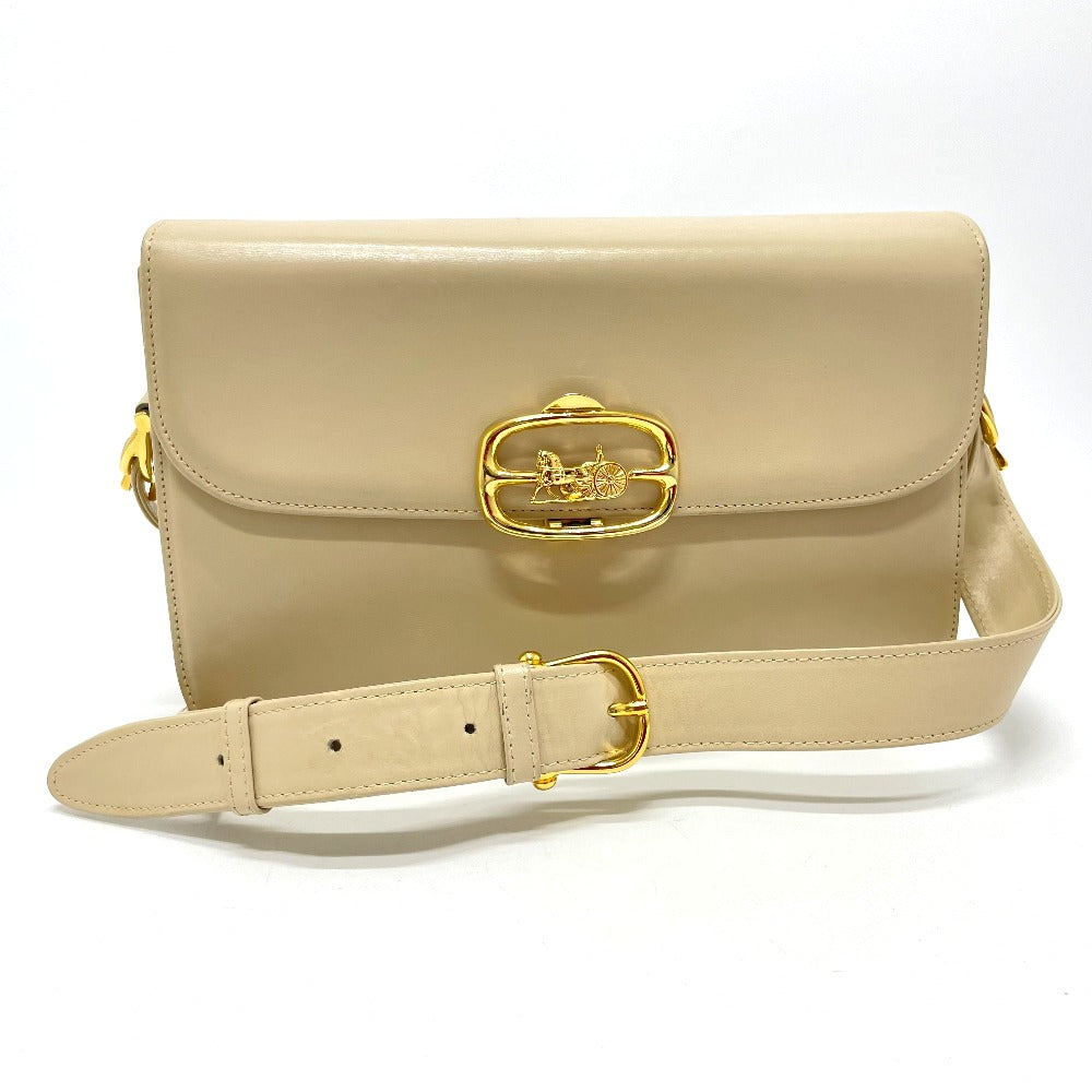 CELINE Shoulder Bag leather Beige x Gold Metal Carriage Metal vintage Women