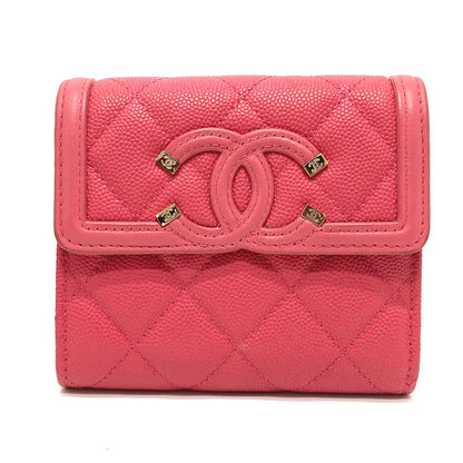 CHANEL Trifold wallet AP0375 Caviar skin Pink type CC filigree Matrasse Women