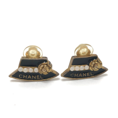 CHANEL Earring Gold Plated black Hat motif Women