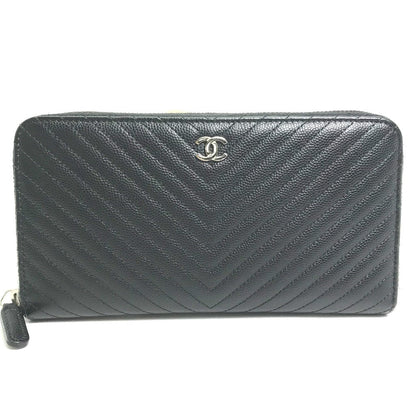 CHANEL Long Wallet Purse A50097 Caviar skin black CC COCO Mark Vstitch quilting Women