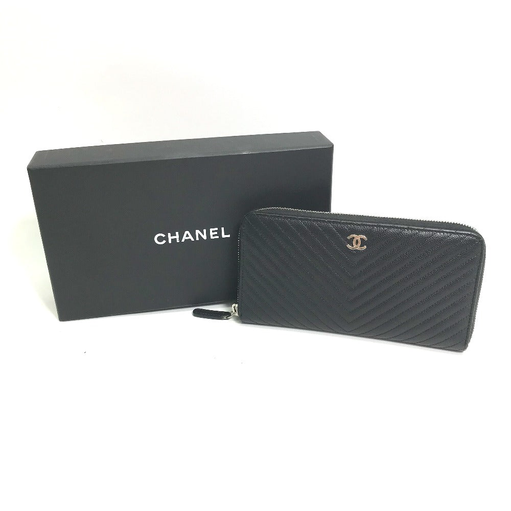 CHANEL Long Wallet Purse A50097 Caviar skin black CC COCO Mark Vstitch quilting Women