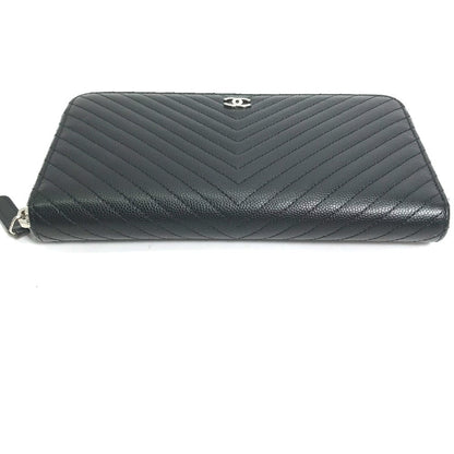 CHANEL Long Wallet Purse A50097 Caviar skin black CC COCO Mark Vstitch quilting Women