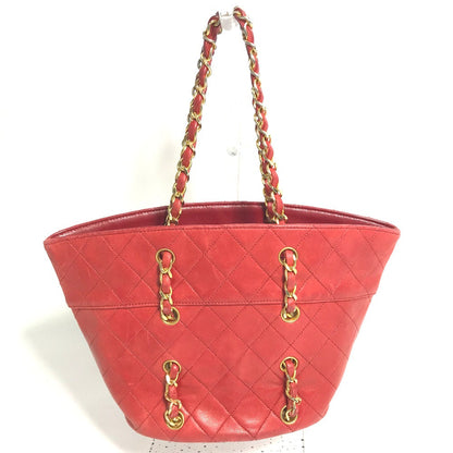 CHANEL Shoulder Bag lambskin Red vintage Matrasse quilting Women