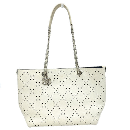 CHANEL Tote Bag Soft caviar skin white COCO Mark CC Charm Matelasse punching