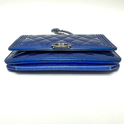 CHANEL Shoulder Bag Patent leather gunmetal blue Long Wallet Purse Bag Chain Bag Boy Chanel CC COCO Mark