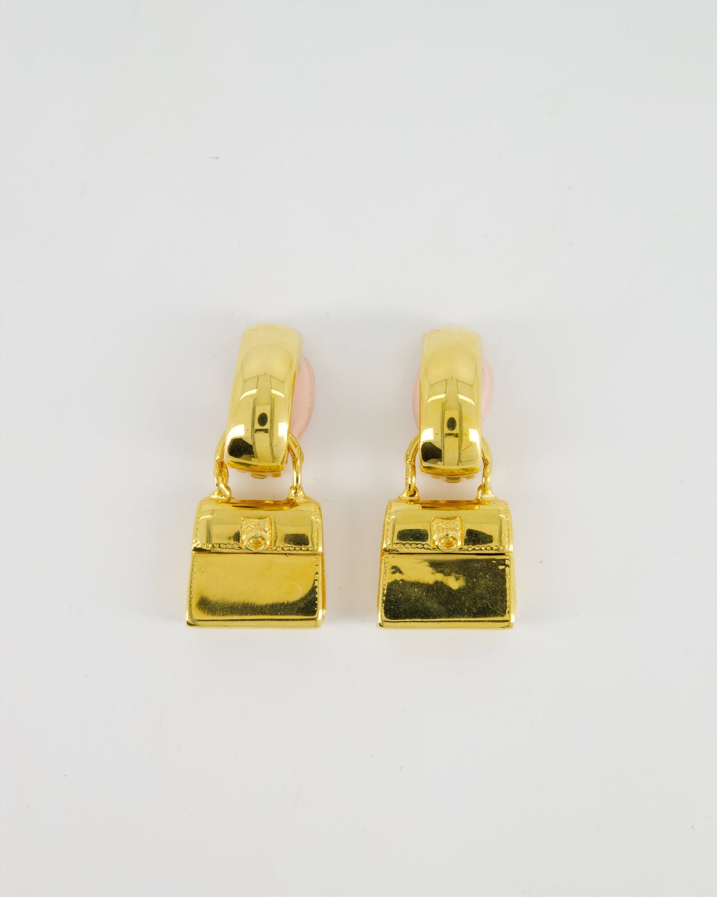 Luxury CELINE Vintage 92 Yellow Gold Hand-Bag Charm Pendant Clip-On Earrings