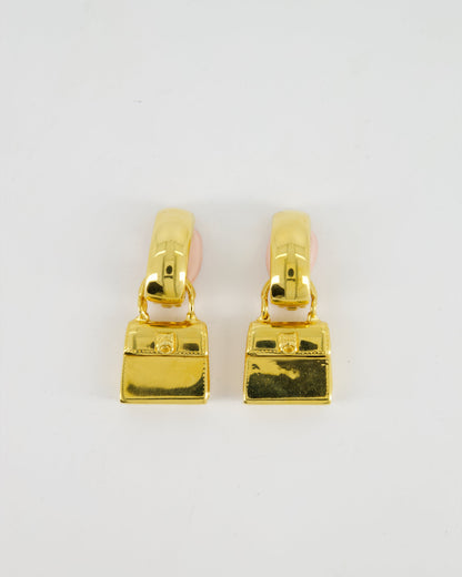 Luxury CELINE Vintage 92 Yellow Gold Hand-Bag Charm Pendant Clip-On Earrings