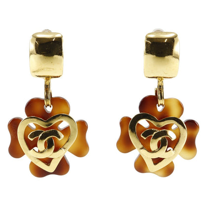 CHANEL Earring Plated Gold , Plastic Brown Clover COCO Mark Heart