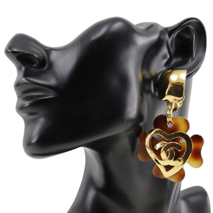 CHANEL Earring Plated Gold , Plastic Brown Clover COCO Mark Heart