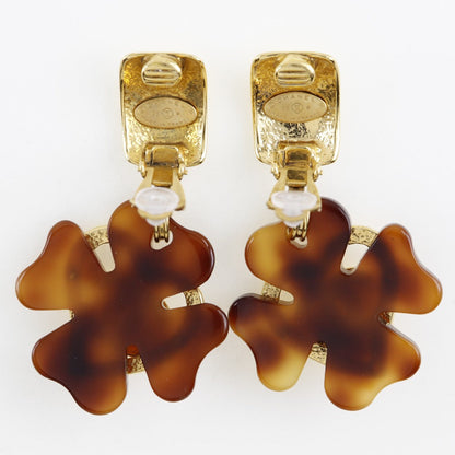 CHANEL Earring Plated Gold , Plastic Brown Clover COCO Mark Heart