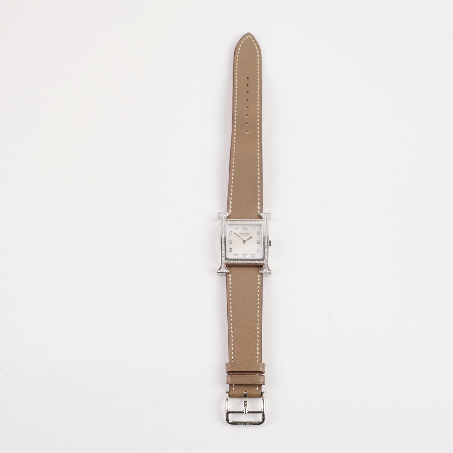 Hermes H Heure MM Mother Of Pearl Watch with 2 straps Etoupe and Blue Electric