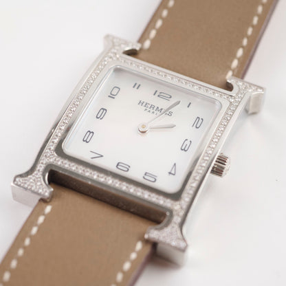 Hermes H Heure MM Mother Of Pearl Watch with 2 straps Etoupe and Blue Electric