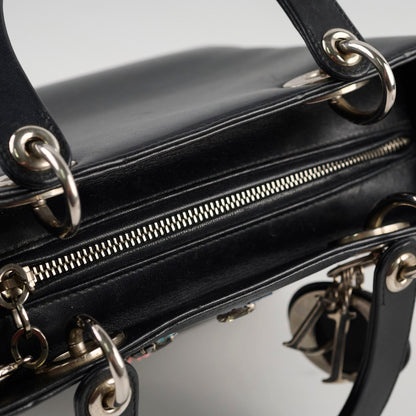 Christian  Dior Medium  Calfskin Embroidered Crystal Lady Dior Bag Black
