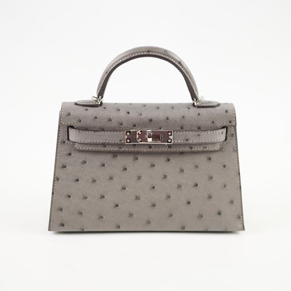 Hermes Mini Kelly Ostrich Gris Meyer B Stamp