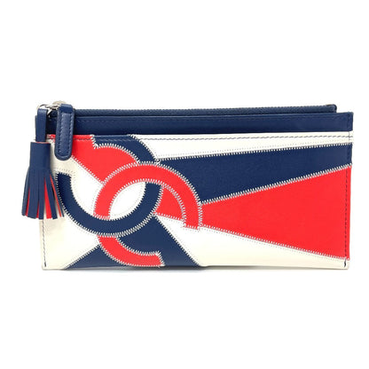 CHANEL Card Case lambskin Blue x white x red CC COCO Mark fringe Women