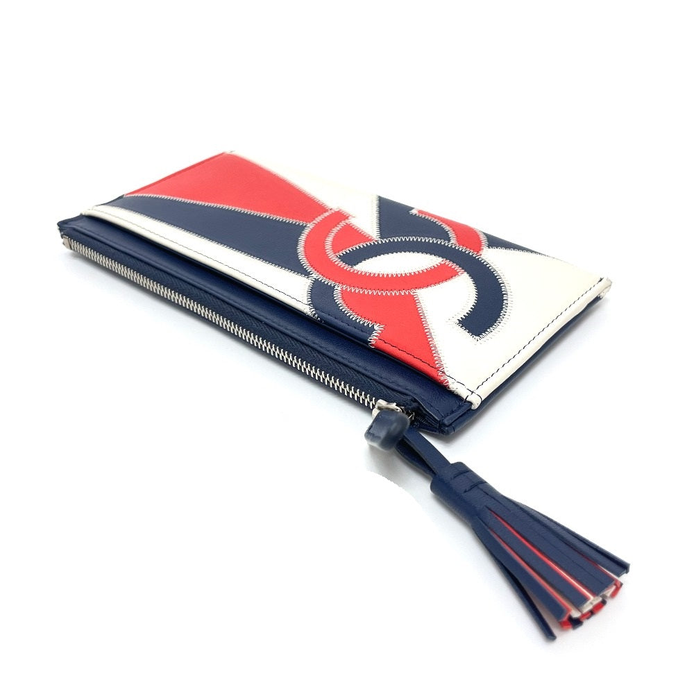 CHANEL Card Case lambskin Blue x white x red CC COCO Mark fringe Women