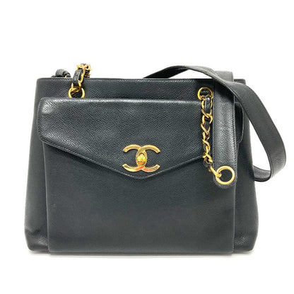 CHANEL Shoulder Bag Caviar skin black CC COCO Mark Matrasse Women