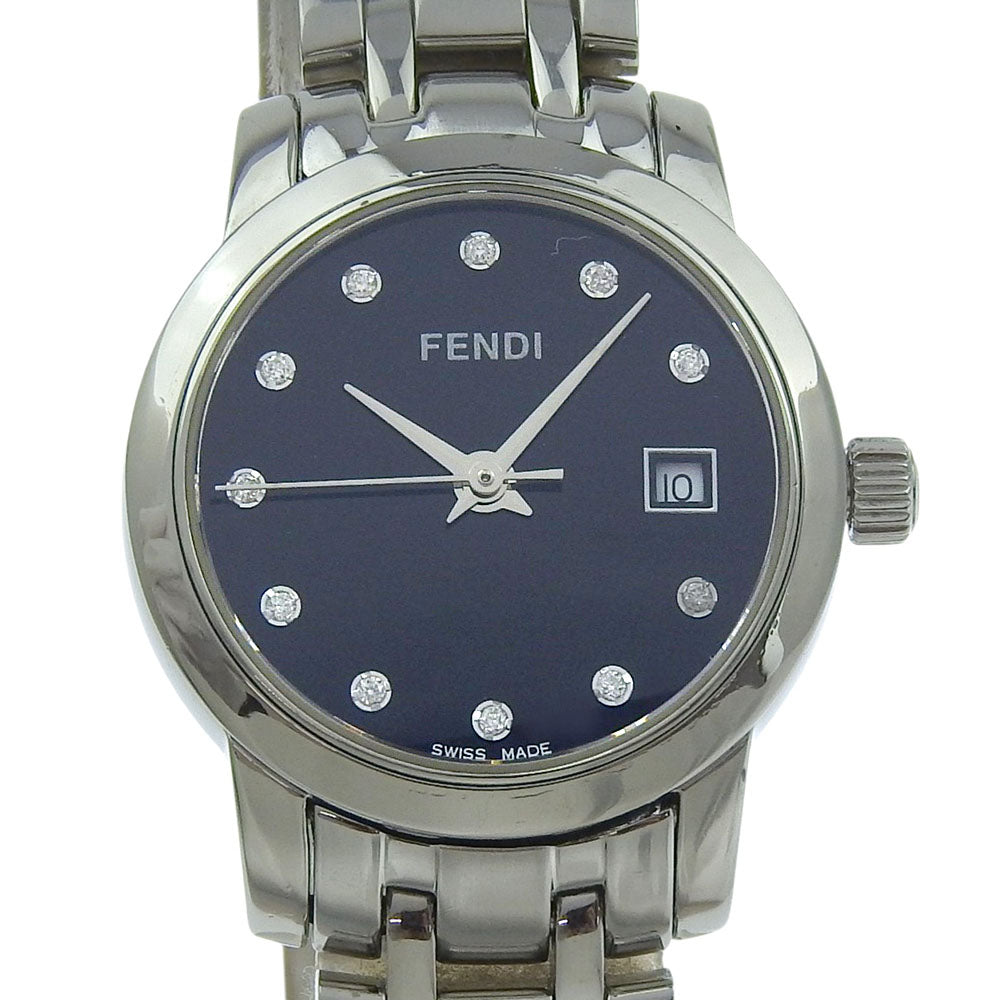 FENDI Watches Quartz 2100L Stainless Steel Silver Date 11P diamond black dial Women