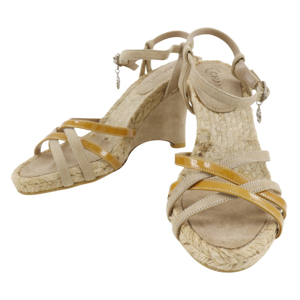 CHANEL Sandals Suede, Patent Leather beige Wedge sole COCO Mark charm Women 34