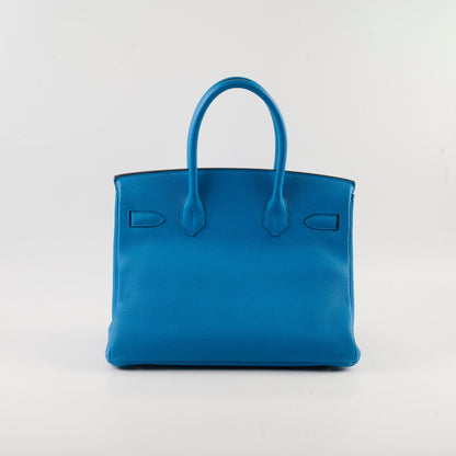 Hermes Birkin 30 Blue Zanzibar/ Malachite Verso Togo Leather PHW A Stamp