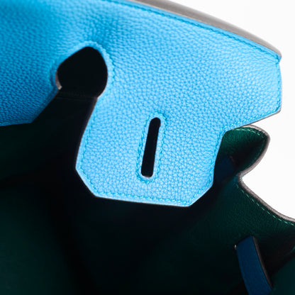 Hermes Birkin 30 Blue Zanzibar/ Malachite Verso Togo Leather PHW A Stamp