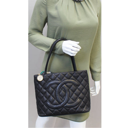 CHANEL Medallion Quilted Caviar Leather Tote Bag Black