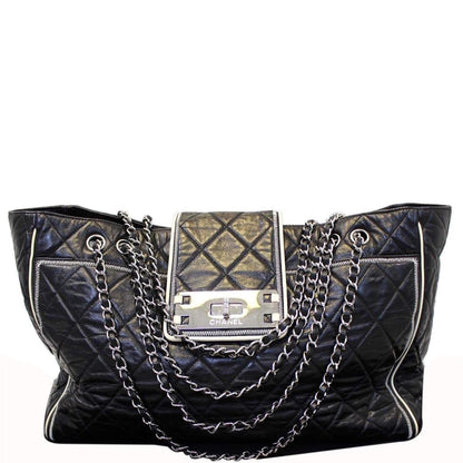 CHANEL East West Large Lambskin Quilted Leather Tote Shoulder Bag Black