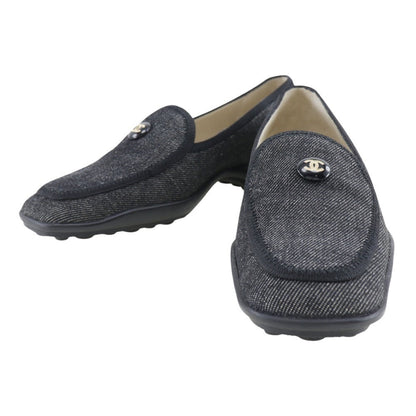 CHANEL loafers denim black COCO Button Women 36 1/2