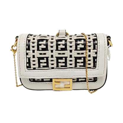 Fendi Nano Baguette Charm Black and White Woven Leather Gold Hardware
