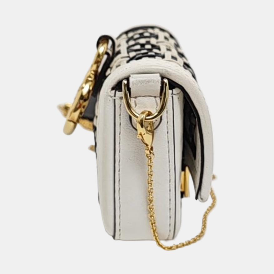 Fendi Nano Baguette Charm Black and White Woven Leather Gold Hardware