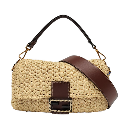 Fendi Baguette Medium Beige Raffia Brown Leather Crossbody Bag
