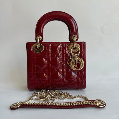 Lady Dior Mini Burgundy Red Patent Leather Gold Chain Strap 2019 Suede Interior
