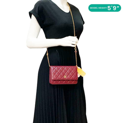 CHANEL Coco Hearts Quilted Leather Wallet On Chain WOC Burgundy