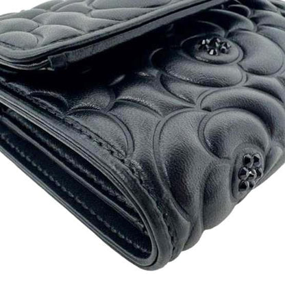 CHANEL Camellia Embossed Lambskin Leather Wallet Black