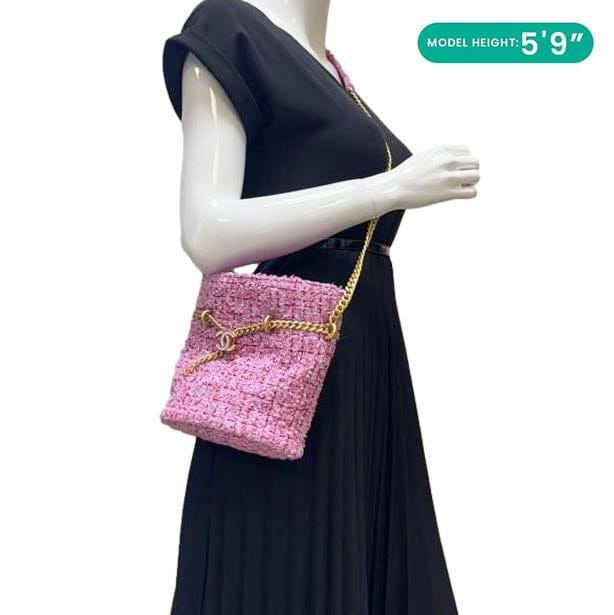 CHANEL Pending CC Tweed Enamel Drawstring Tote Bucket Bag Pink