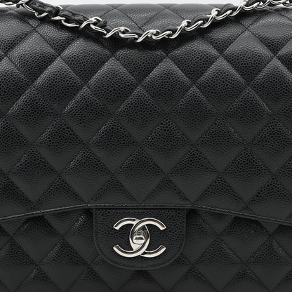 CHANEL Classic Double Flap Maxi Caviar Leather Shoulder Bag Black