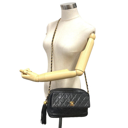 CHANEL Shoulder Bag lambskin black Turn lock COCO Mark Fringe Matrasse Women