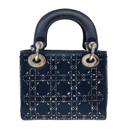 Christian Dior Shoulder Bag Satin black Lady Dior 2WAY handbag Rhinestone mini cannage Women