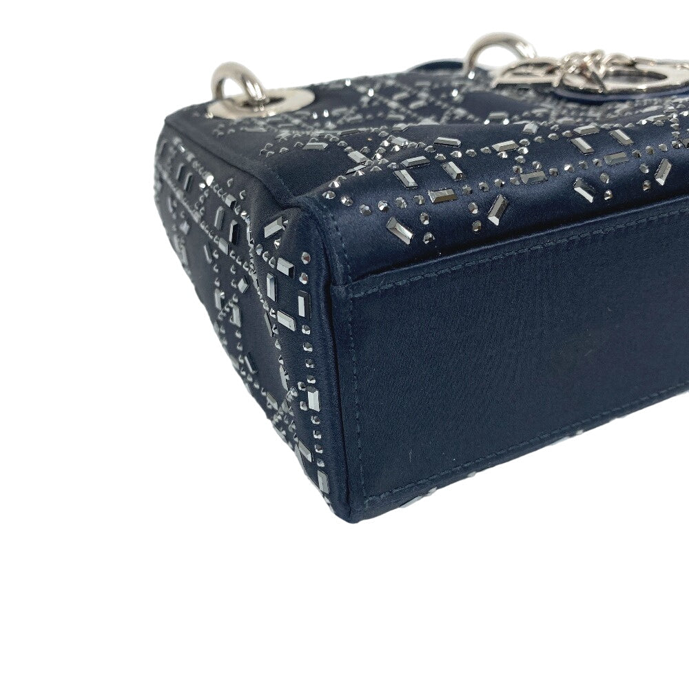 Christian Dior Shoulder Bag Satin black Lady Dior 2WAY handbag Rhinestone mini cannage Women