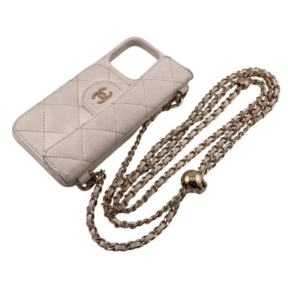 CHANEL iPhone case Leather, Lambskin white COCO Mark Matrasse iPhone14PRO Women