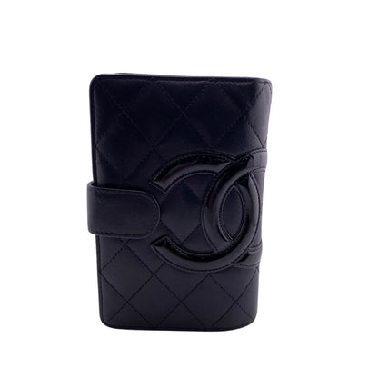 CHANEL Bifold Wallet leather black Compact zip Cambon Women