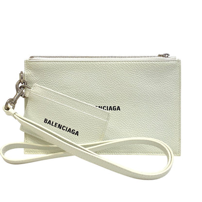 BALENCIAGA Pouch 659783 leather white 1IZIM Travel pouch logo cash pouch Card Case Women(Unisex)