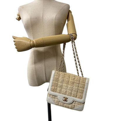 CHANEL Shoulder Bag Tweed, Leather white WChainShoulder COCO Mark Tweed Women