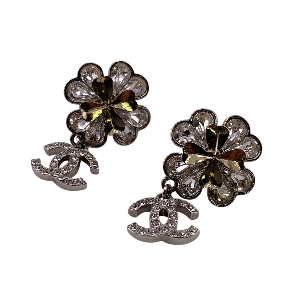 CHANEL Pierce ABA906 Gold Plated, Rhinestone Silver COCO Mark Clover