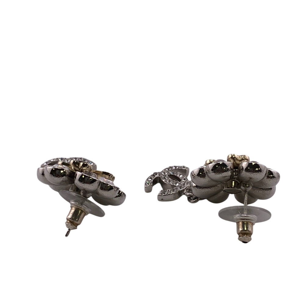CHANEL Pierce ABA906 Gold Plated, Rhinestone Silver COCO Mark Clover