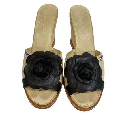 CHANEL Sandals G25948 Canvas, Leather beige Camelia 38 1/2