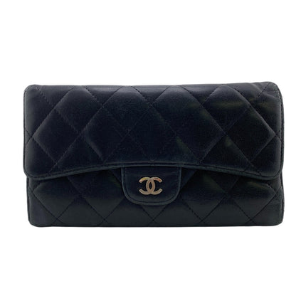 CHANEL Long Wallet Purse leather black Matrasse