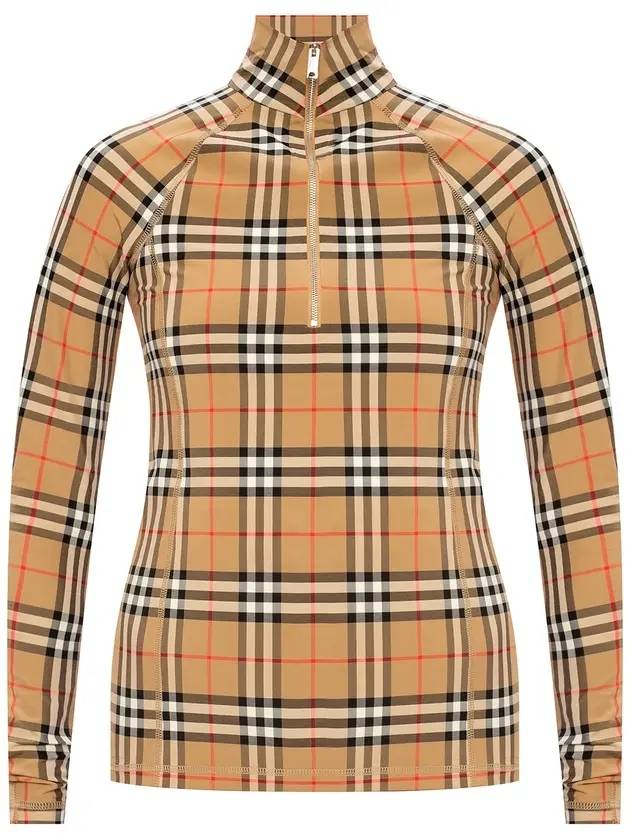 Luxury Burberry WoMen's Check Stretch Jersey Half Zip Up Long Sleeve T-Shirt Beige