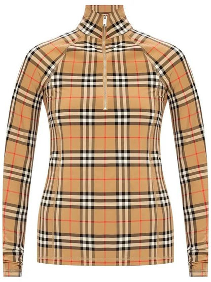 Luxury Burberry WoMen's Check Stretch Jersey Half Zip Up Long Sleeve T-Shirt Beige