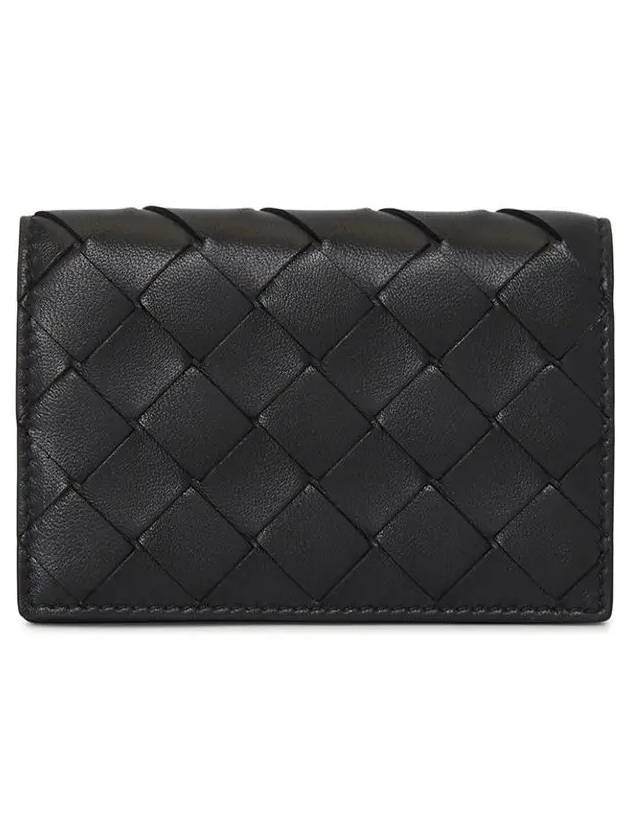 Luxury Bottega Veneta Intrecciato Flap Business Card Wallet Black